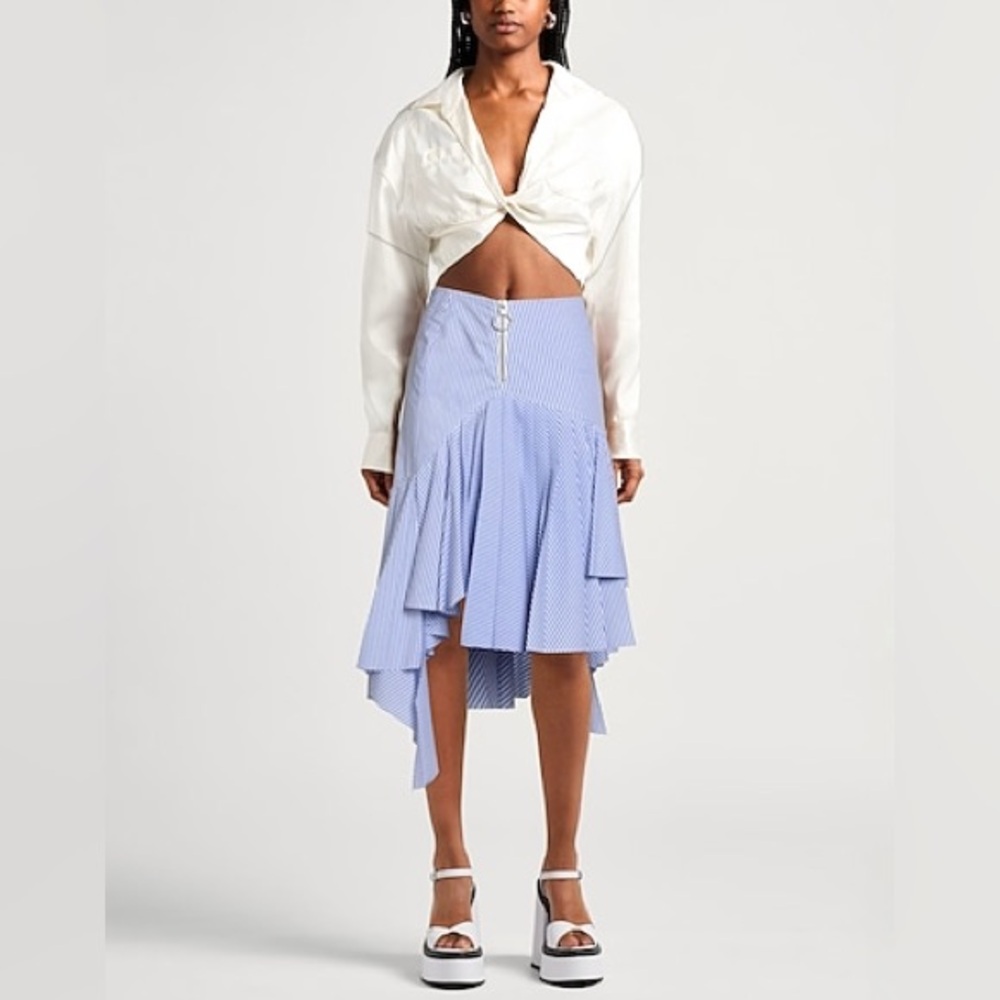 OFF-WHITE BLUE WHITE STRIPES ASYMMETRICAL PLEATED MIDI SKIRT SIZE XS *stains